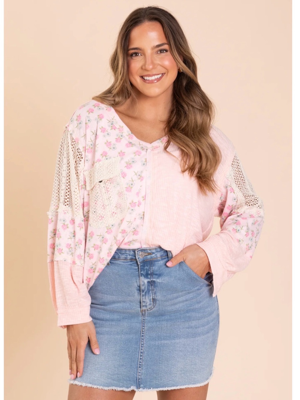 POL Baby Pink Contrast Floral Knit Top